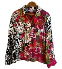 Chicos 100% Linen Bold Maximalist Button Front Mixed Print Floral Top Size 2/MD