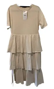 Zara Womens Combination Tiered Midi Dress S Ivory‎ Tan Layered Smocked NWT