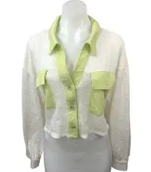 The Shoppe White Green Collared Pocket Button Up Cardigan Sweater Top Size L