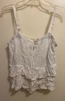 Urban Romantics Womens White Tank Top S 36” Lace V Neck Trim Ruffled Bottom