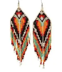 Handmade  Beaded Earrings Boho South Western Tribal Aztec Fringe Orange Colorful