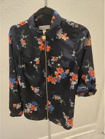 Michael Kors Size M Full Zip Floral Design Rolled Sleeves Gold-Tone Snap Pockets