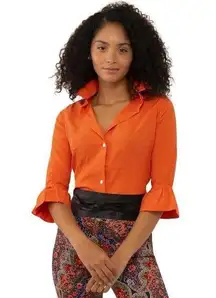 Gretchen Scott Shirt Blouse Size S Orange Priss 3/4 Sleeve Ruffled Cuff