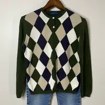 Karen Scott Green/Navy/Tan Argyle Crewneck Cardigan Size M