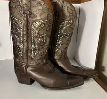Frye Daisy Duke Western Brown & Gold Leather Boots W/Rhinestones Studs S 10-EUC