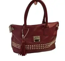 Coco+Carmen Red Pebbled Leather Gold Studs Shoulder Bag 14x9x5" Biker Retro