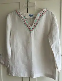 J McLaughlin 100% linen V-neck embroidery top blouse white size 6