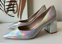 Zac Posen Silver Holographic Pointed Toe Slip On Block Heel Leather Pumps 8.5