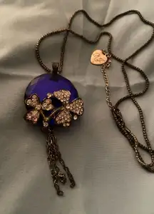 Signed Betsey Johnson 26” Necklace Cobalt Blue Round Pendant Flowers Rhinestones
