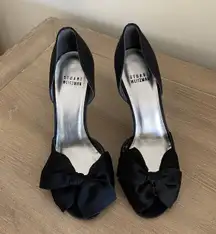 black satin bow detailed peep toe heels