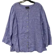 Tahari 100% MOP Linen Button Front Shirt Top Blue Womens 1X Tunic Lagenlook