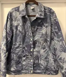 Chico's Blue Leaf Floral Denim Jean Jacket Size 4 (20/22)