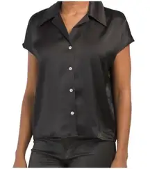 Rachel Zoe Silky-smooth blouse Top MEDIUM Black Pockets abalone buttons NWOT