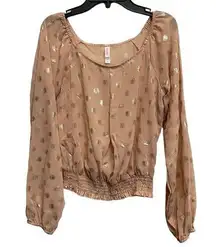 Y2K Off Shoulder Light Pink Golden Polka Dot Long Sleeve Top Blouse See Through