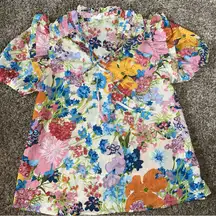 Entro Women's Floral Short Sleeve V Neck Blouse Sz Small