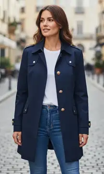 London Fog‎ Water Resistant Navy Gold Accents Hooded Trench Coat Medium