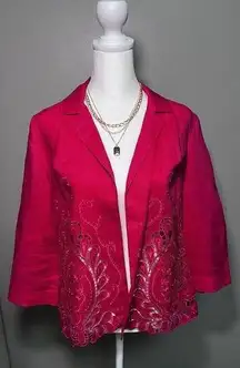 Chico's 100% Linen Hot Pink Floral Cutout Blazer Jacket Size 0 Small lightweight