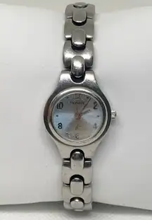 Fossil F2 women silver tone wrist watch 22mm blue dial quartz analog running