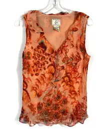 Vintage Y2K Ice Orange Peacock Feather Patterned Silk Chiffon Sleeveless Blouse