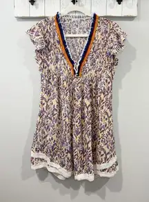 POUPETTE ST BARTH BLUE FLORAL CROCHET SASHA PLEATED FLUTTER SLEEVE MINI DRESS XS