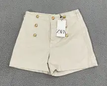 NWT ZARA Sailor Shorts Women XS Cream Gold Button High Waist