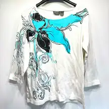 Chico’s Additions White with Teal & Black Flower 3/4 Sleeve 100% Cotton Top