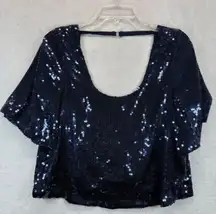 Free People Sequin Top Party Blouse Sparkly‎ Navy Blue Short Sleeve XS READ