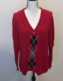 Northcrest red geometric pattern lined neck v-neck sweater