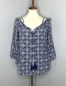 Figue Blue White Silk Off Shoulder Indian Boho‎ Blouse Top Shirt Medium M