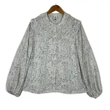 CAbi Women's White Balloon Sleeve Button Down Ribbon Trim Blouse‎ Large #4232