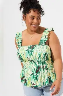 Torrid  Green Tropical Floral Print Crinkle Gauze Smocked Tank Top