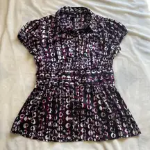 Y2K AB Studio purple white & black mod print satin blouse empire waist sz small
