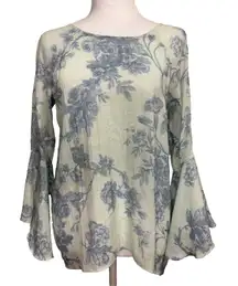 Lauren Conrad Top Floral Bell Sleeves Split Back Hem Boho Whimsy Cottage Sz M
