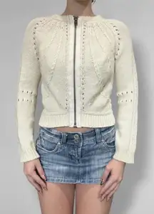 Vintage Sparrow Cream Cable Wool Knit Zip-Up Hoodie