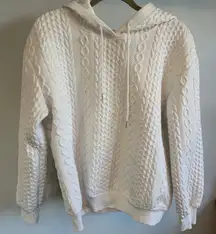 Womens White Cable Knit Hoodie Sweatshirt‎ Textured Pullover Large L