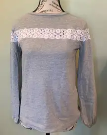 LOFT Women’s XS Extra Small Lace Trimmed Gray Lightweight Cotton Sweatshirt Top