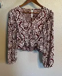 By Anthropologie Jacquard Peasant Blouse Sz Small Wine Color Cropped