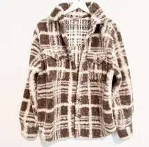 H&M  Oversized Checkered Button Front Shacket Shirt Jacket Tan Cream Sherpa XS