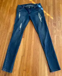 Distressed Ripped Embellished Bling Rhinestone Blue Skinny Jeans, size 13