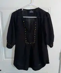 Angie Size L Black Semi Sheer Short Sleeve Blouse with Metal Studs