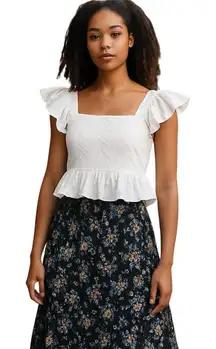 Francesca’s Blue Rain Bella Flutter Sleeve Bow Back Top Cottage Large White