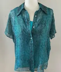 New York City Design Co. Aqua/Black Silk Snakeskin Print Blouse Set sz M