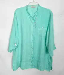 Mariluna Womens Linen Shirt 1X Quiet Luxury Lagenlook Coastal Nautical Beachy