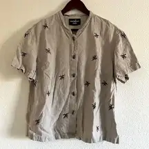 Vintage Positive Attitude Button Up Short Sleeved Linen Type Shirt Tan Floral