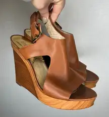 Michael Kors Leather Tan Wood Wedge Platform Slingback Sandals Women's 9.5