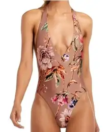 VITAMIN A Emma Floral Deep Plunge V Open Back Halter Swimsuit Ginger Floral XL