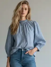 Never a Wallflower Elastic Collar Ruffle Top in Blue Stripes Small 3/4 Sleeves