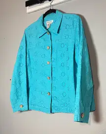 Coldwater Creek Button Up Jacket Blouse Bright Blue Cotton Eyelet Size 1X