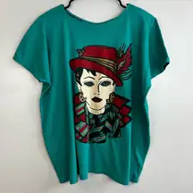 Vintage 80's Teal Blue Single Stitch Boxy Girl Shirt/Top Eighties Size XL-2X