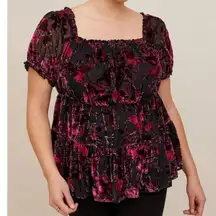 Torrid Black Pink Floral Burnout Velvet Puff Sleeve Tiered‎ Babydoll Top 3X